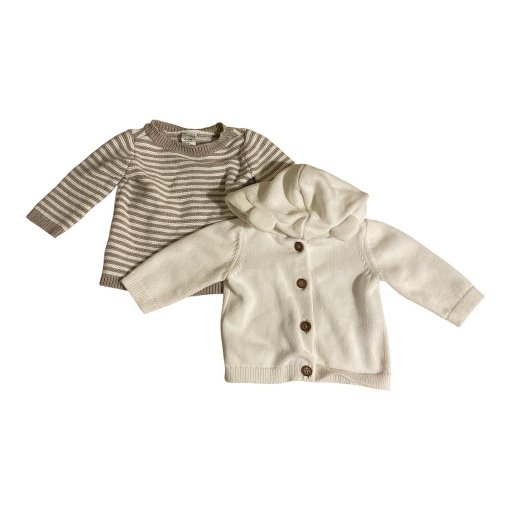 Carter's Cream Hooded Cardigan and Beige-White Striped Sweater Set